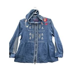 JWLA by Johnny Was Embroidered Hoodie Boho Floral Tunic Cardigan Size L